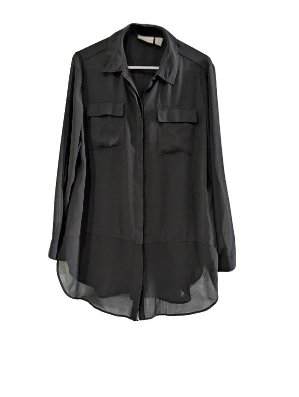 Chico's Women's Semi Sheer Button Up Blouse Black Size 1 Small, Utility, Chiffon